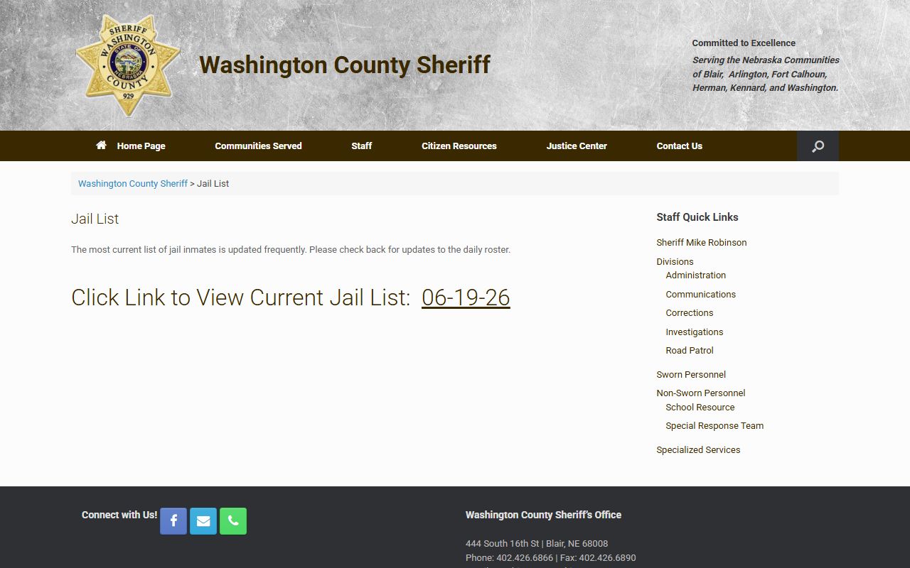 Washington County Jail list page used for Burt County inmate roster searches