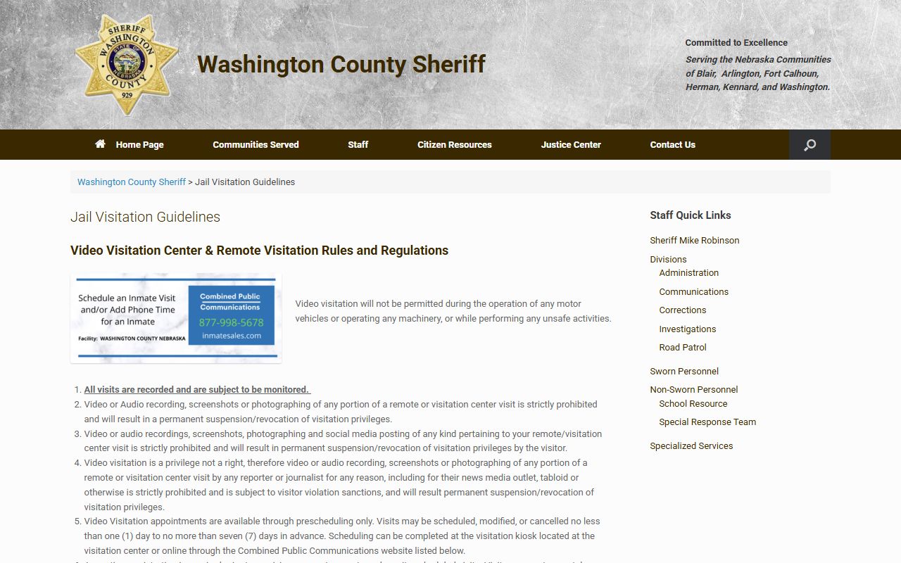 Washington County Jail visitation rules for Burt County inmates